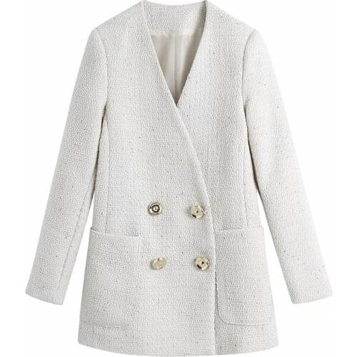 ZA Tweed Women White Blazers 2020 Fashion Ladies Vintage Loose Blazer Jackets Casual Female Streetwear Suits Girls Chic