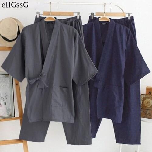 Japanese Mens Kimono Pajamas Suits Male Robe Gown 2Pcs/Set Lounge Bathrobe Sleepwear Loose Man Cotton Comfortable Pajamas