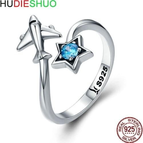 HUDIESHUO 100% 925 SterlingSilver Ring for Women Star & Plane Adjustable SilverRings for Girls Jewelry Anillos