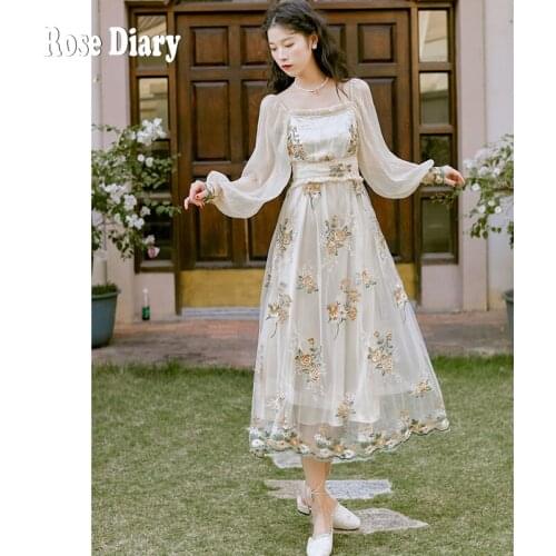 RoseDiary Fashion Runway Summer Midi Dress Women long sleeve Gorgeous Mesh Flower Embroidery Square Collar Elegant Party Dresses