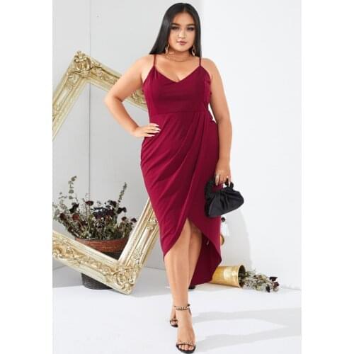 2021 New Summer Woman Large Size Dress Popular Hot Sale Solid Wine Red High Waist Sexy Sleeveless V-neck Pencil Plus Size Dress