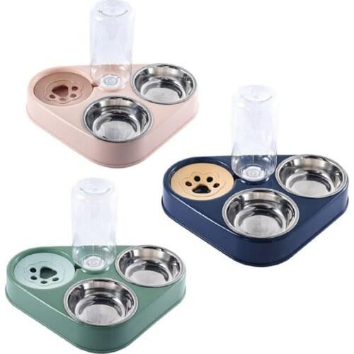 E7CB Neck Protection Automatic Water Dispenser Raised Food Bowl Set Dish for Cat Small Dog Puppy Dry and Wet Separation