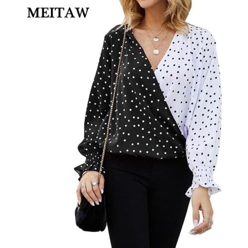 2020 New Women Dot Blouse Shirt Spring Office Lady Tops Sexy V Neck Long Sleeve Blouses Vintage Stitching Shirts