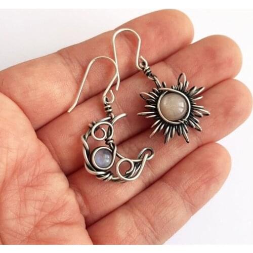 Bohemia Sun and Moon Earrings for Women Antique Silver Color Crystal Drop Earrings 2021 New Celestial Earring Boho Jewelry Gift