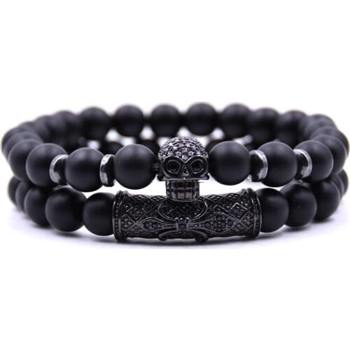 KANGKANG 2Pcs/Set 2019 Matte Black 8mm stone Bracelet Pave CZ 4 color skull Bracelets for Men&Women Jewelry Creative gift