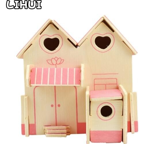 Kids Toys Wooden 3D House Building Puzzles Toys for Children DIY Pink Cottage Assembled Model Kits Educational Wood Jigsaw Gifts