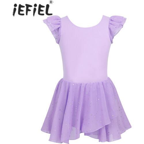 IEFiEL Kids Girls Dance Class Dress Ruffled Holographic Ballet Dance Tutu Dress Teen Gymnastics Leotard Ballerina Chiffon Skirt