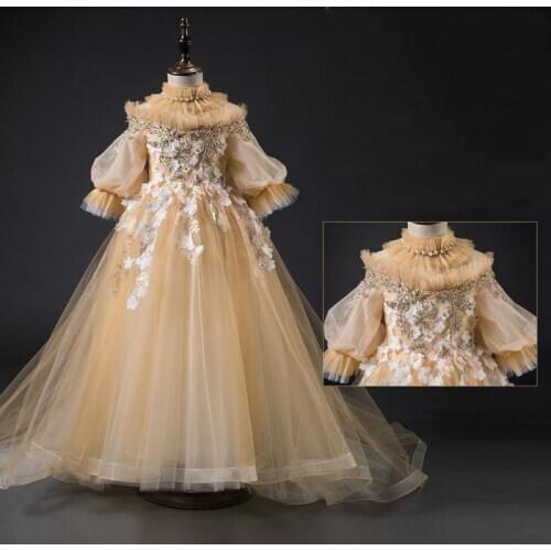 Kids Pageant Princess Dress Baby Girl First Communion Vestidos Children Wedding Evening Bridesmaid Tulle Dresses with Long Tail