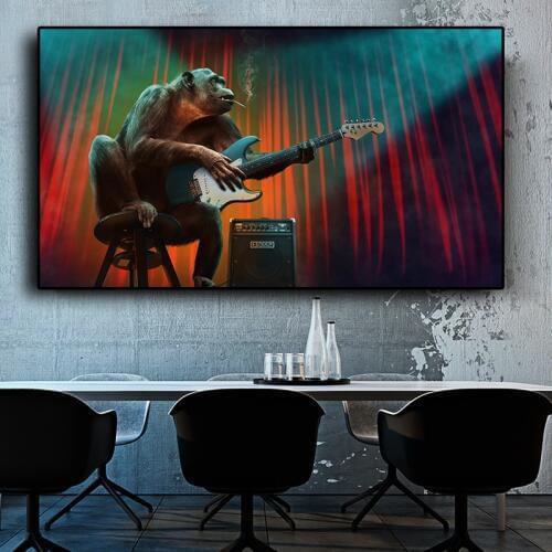 Smoking Monkey Playing Guitar Animal Posters and Print Abstract Gorilla Canvas Painting Wall Art Picture for Living Room Cuadros
