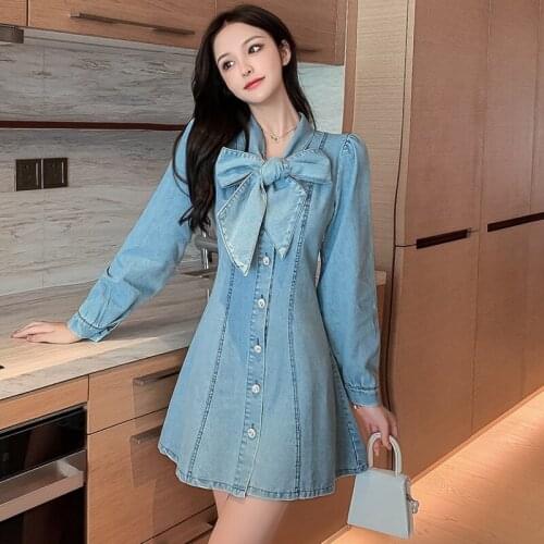 Lace-up bowknot long-sleeved denim Dress Womens age reduction denim Dress Female French cute sweet sexy short Denim Dress Women