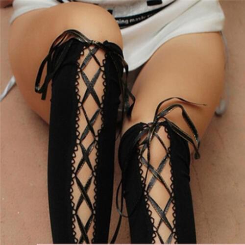 Womens Sexy Knee Socks Lace Straps Female Girls Top Sexy Women Stockings Cross Straps Thigh High Pantyhose Stocking Hosiery