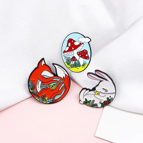 Mushroom rabbit Fox Enamel Brooch Curl up Lovely animals Lapel Pin Flower leaf plant Cartoon custom Badge
