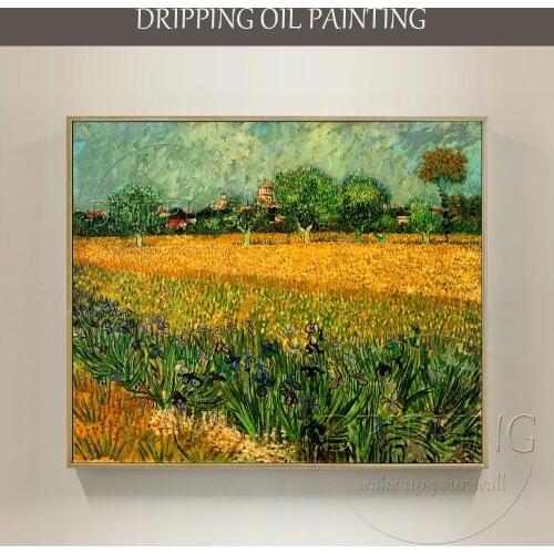 Skilled Artist Hand-painted High Quality Impression Landscape Van Gogh View of Arles with Irises in the Foreground Oil Painting