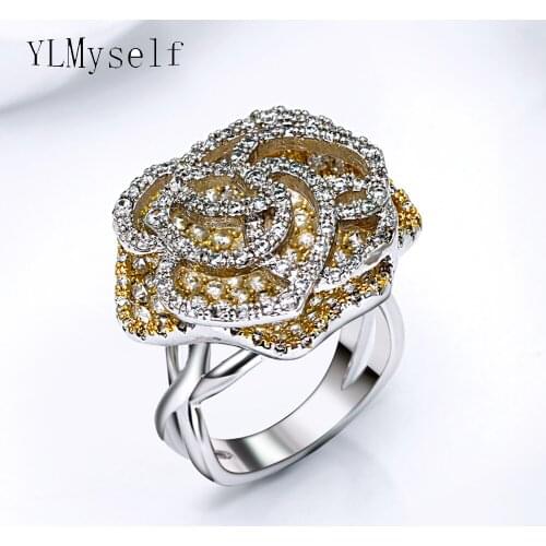 Beautiful peony flower ring 2 tone color crystal stones fashion jewelry Romantic gift copper jewellery trendy pretty rings