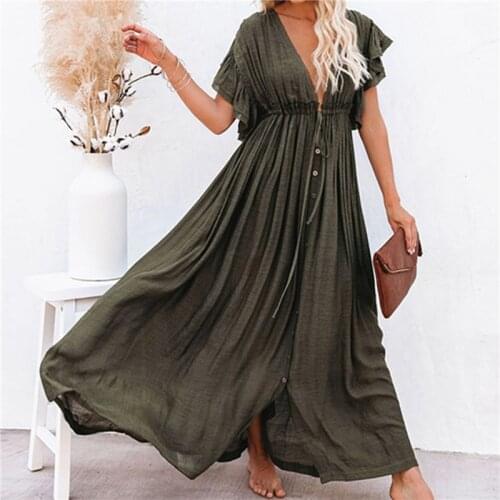 Loose Summer Dress Solid Color Beach Casual High Waist Female Drawstring Dress Sunscreen Short Sleeve Holiday Dress