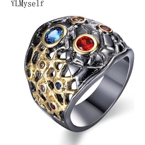 New Neo-Gothic wide rings gridiron design black gold 2 tone color jewelry female unique accessories cool finger ring