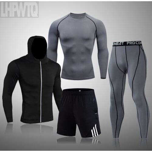 New Mens Sports Suit Quick Dry Gym Fitness Compression Set Men Wear For Running Jogging Sport Workout Tracksuit 4pcs/Set