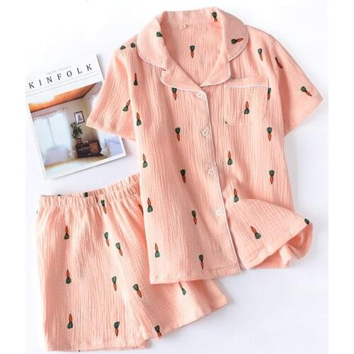 2pcs Cotton Crepe Pajamas for Women Sleepwear Set Carrot Print Short Sleeve Tops + Shorts Home Suit Female Casual Loose Homewear