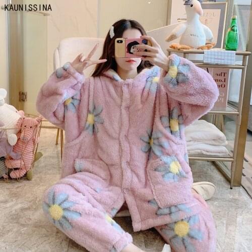 Winter Flannel Pajamas Sets Women Hooded Warm Thickening Nursing Maternity Homewear Female Two Piece Pajama Set Loungewear