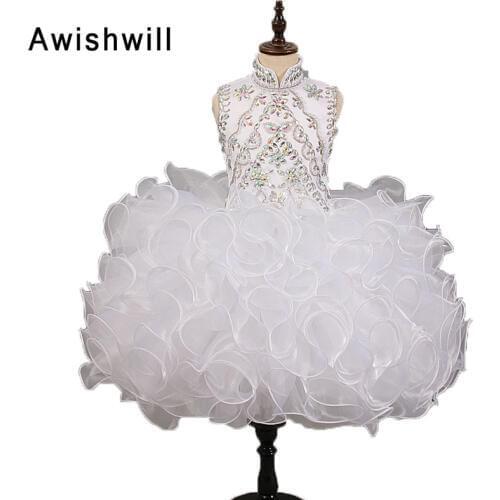 Real Photos White Flower Girl Dresses for Wedding Party Sleeveless Beaded Organza Open Back First Communion Dresses For Girls