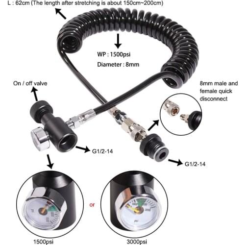 ASA Paintball Remote Hose Coil Line with Pressure Gauge 1/8NPT Female Threads 8mm Male and Female Quick Disconnect/Slide Check