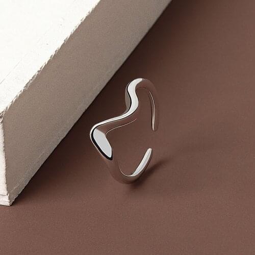 QMCOCO 925 Sliver 2021 New Trend Simple Bending Water Pattern Wave Arc Adjustable Rings For Women Girls Party Jewelry Gift