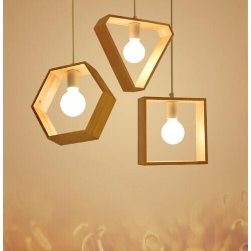 Modern Simple Wooden Pendant Lamp Hexagon Square Triangle Shape Wood Pendant Light For Study Coffee Shop Bar Kitchen Dining Room