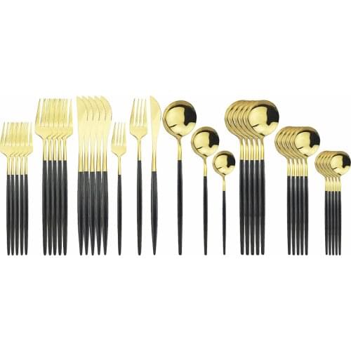 36Pcs Black Gold Cutlery Set 18/10 Stainless Steel Gold Dinnerware Home Western Spoon Fork Knife Steak Dinnerware Tableware Set