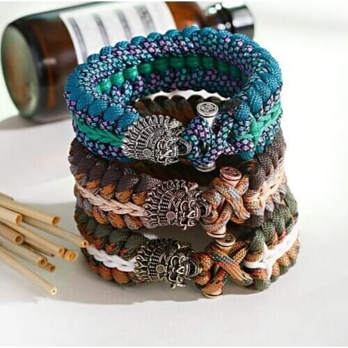 Vintage Mens Indians Warrior Beads Braided Bracelet Rope Paracord Bracelet Hiking Camping Outdoor Survival Aid Kits Parachute