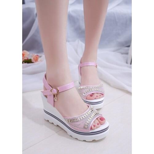 2021 Rome Women Sandals Casual Wedge Sandals Summer Peep toe Ankle Strap Med Heel Platform Pump Crystal Work Women Shoes