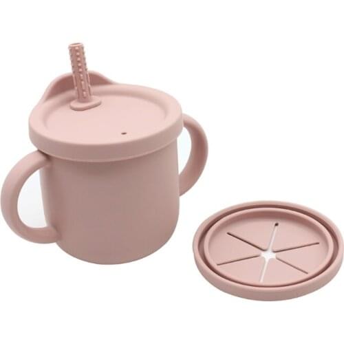 Q1FE 300ml Portable Baby Silicone Snack Cup Infants Feeding Food Bowl with Double Handle No Spill Snack Container Straw Cup
