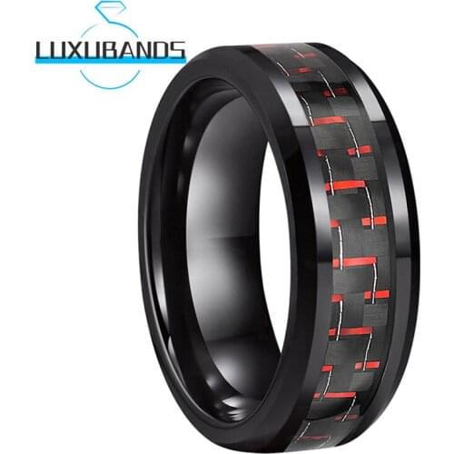 8MM Womens Men Tungsten Wedding Rings Red&Black Carbon-Fiber Inlay Black Beveled Edges Polished Finished Comfort Fit