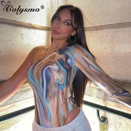 Colysmo One Shoulder Bodysuit Top Tie Dye Long Sleeve Button Slim Fit Print Bodycon One Piece Romper Women Sexy Basic Clubwear