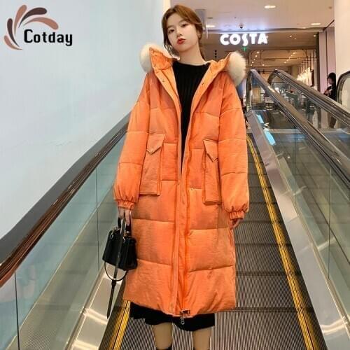 Cotday Large Cotton Wool Collar Down Orange Korean Version Loose Big Pocket Long Thick Ladies Plus Size Winter Jacket Coat