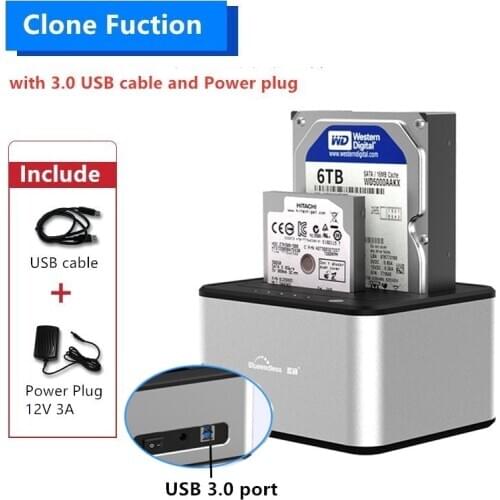 Blueendless Aluminum Dual bay Hdd 6TB Sata 2.5" /3.5" HDD USB 3.0 port Docking Station Duplicator for Sata with Clone function