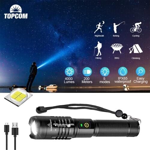 TOPCOM XHP50 Flashlight USB Rechargeable Flashlight 10W Indicator Zoom Tactical Power Bank Light Lantern For Camping Hunting