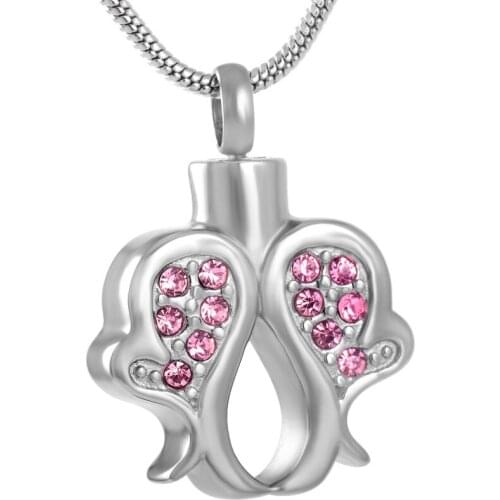IJD9152 Inlay White/Pink Crystal Double Dolphin Stainless Steel Cremation Urn Necklace For Pet Keepsake Memorial Jewelry For Ash