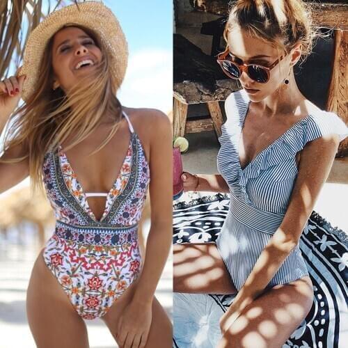 Plus Size Swimsuit Sexy Vintage Stripe One Piece Swimwear Women 2020 Floral Ruffle Bathing Suit Backless Monokini Bikini Beach