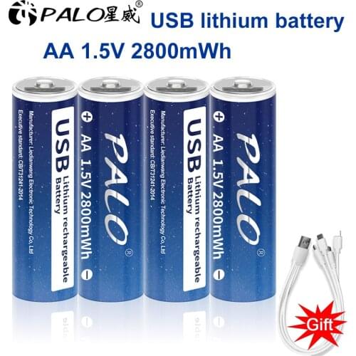 PALO High capacity 1.5V AA Li-ion Battery 2800mwh Li-Polymer USB Rechargeable Lithium USB Battery For Remote control + Cable