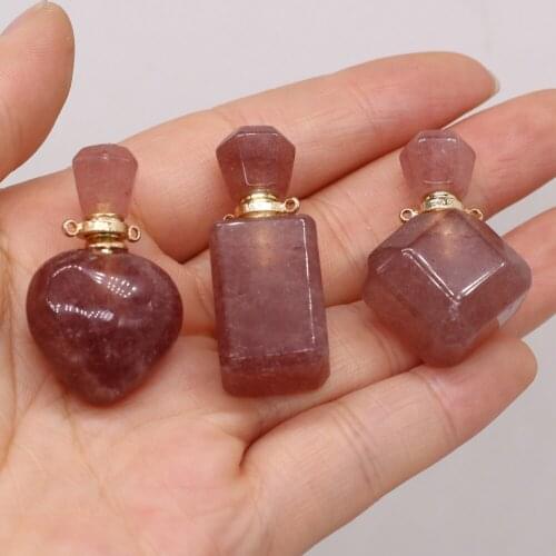 Natural Stone Perfume Bottle Pendant Exquisite Faceted Strawberry Crystal Essential Oils Vial For Jewelry Making DIY Necklace