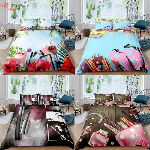 Delicate Girl Cosmetic Printed Queen King Duvet Cover Sets Lipstick Mascara Makeup Bedding Set 2/3pcs With Pillowcase Drop Ship