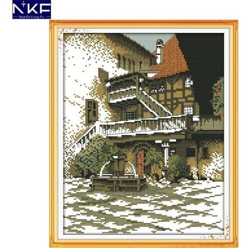 NKF Old Building Stamped Cross Stitch Pattern DIY Kits Needlework Embroidery Set Chinese Cross Stitch for Home Decor