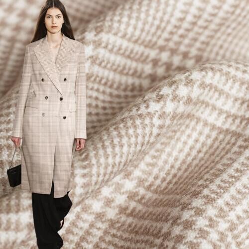 Pearlsilk Light camel colour Yarn Dyed houndstooth tweed 100%wool materials Autumn coat jacket DIY clothes fabrics