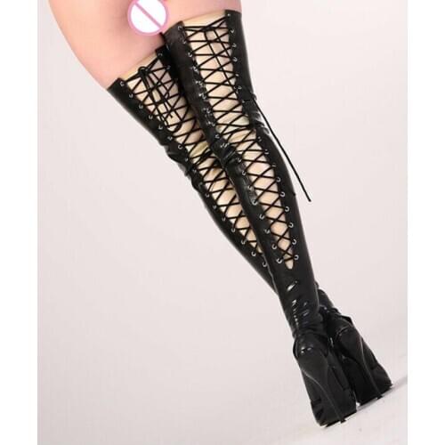 Sexy Black Women Skin-Tight Latex Rubber Stockings Socks Thigh High with Back Lacing