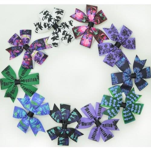 SUPWRF 10pcs/lot 3.1" Inch Haunted Printed ribbon Bows Clips Girls hair bow Headware Kids Hair Accessories MIX T0929