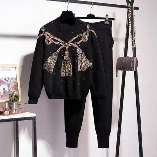 Heavy Work Beaded Sequin Black Pullover Sweater Long Knit Pants Women Casual Two Piece Loose Knitted Tracksuit Female Outfits