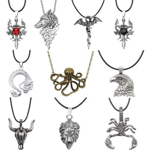 Punk Style Chinese Dragon Wolf Head Lion Head Hollow Bronze Octopus Scorpion Bear Pendant Necklace For Men Animal Pendant Gift