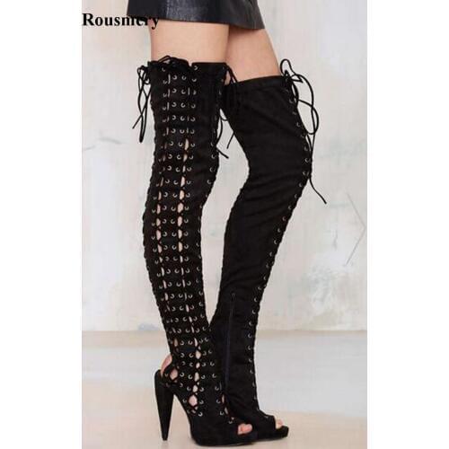 Spring New Fashion Women Open Toe Black Suede Leather Over Knee Gladiator Boots Cut-out Spike Heel Long Boots Sexy Shoes