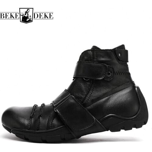 Vintage Mens Casual Genuine Leather Round Toe Biker Boots Cowhide High-Top Spliced Winter Warm Outdoor Fashion Ankle Boot