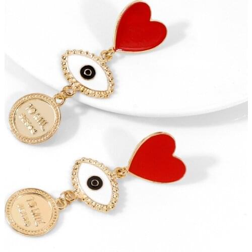 VG 6YM Heart Eye Drop Earrings for Women Drip Oil Red Love Heart Eye Coin Long Dangle Earring Charm Female Jewelry Accessories